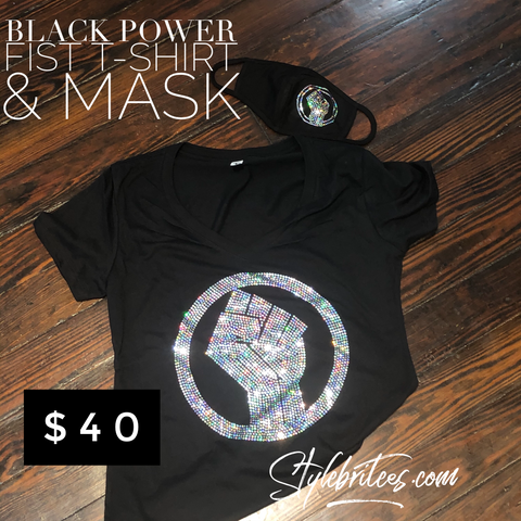 BLACK POWER FIST  BLING T-SHIRT &  MASK SET