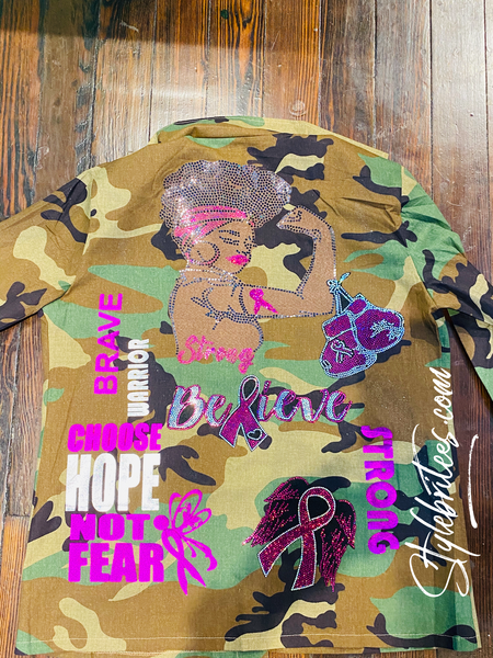 Breast Cancer Strong Woman Afro CAMOUFLAGE BLING Patchwork JACKET