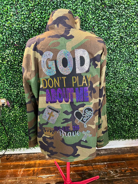 GOD DON’T PLAY ABOUT  ME CAMOUFLAGE BLING Patchwork JACKET