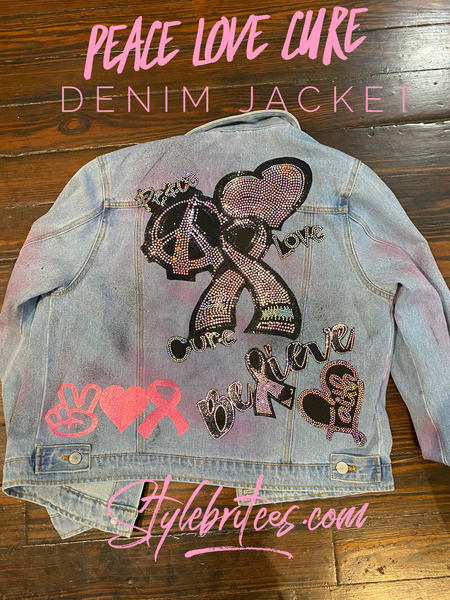 Breast Cancer Peace Love Cure DENIM  Patchwork JACKET