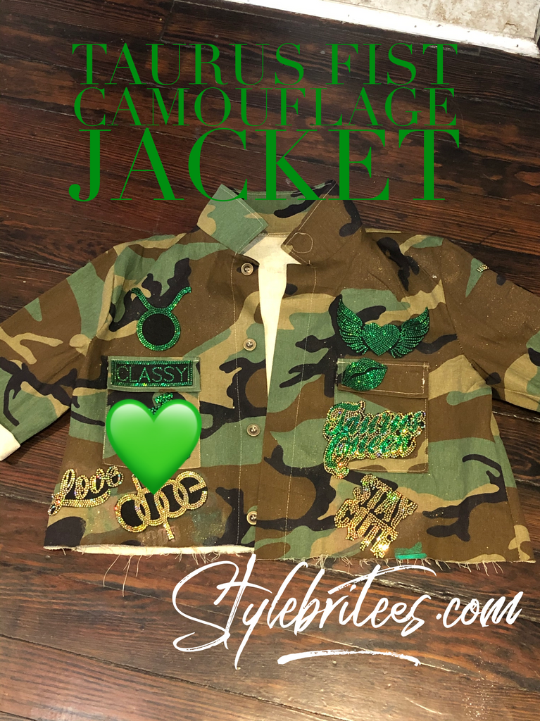 TAURUS FIST CROPPED CAMOUFLAGE BLING Patchwork JACKET StylebriTees
